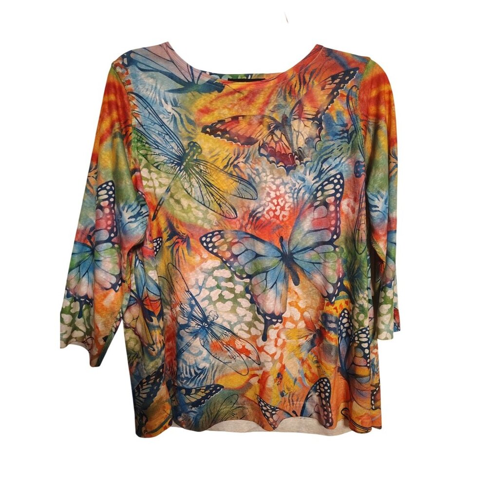 NWT Ali Miles 0X Butterfly Dragonfly Top, Tie Dye, Art to Wear 3/4 Sleeve